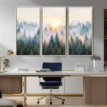 92718976-MGV-FC-48X32-3P_Natural-Misty Forest Wall Art Canvas Print, Framed Sunrise Pines Art Picture Print, Foggy Woodland Perfect Moody Woodland Decor Artwork