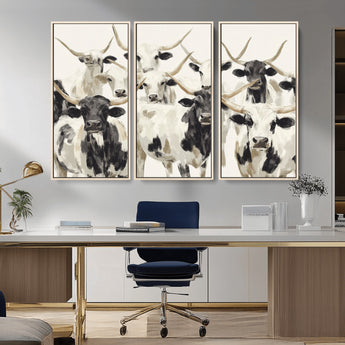 52947970-MGV-CV-36X24-Texas Longhorn Wall Art Canvas Print, Framed Cattle Herd Art Picture Print, Herd Portrait Perfect Modern Farmhouse Decor Artwork