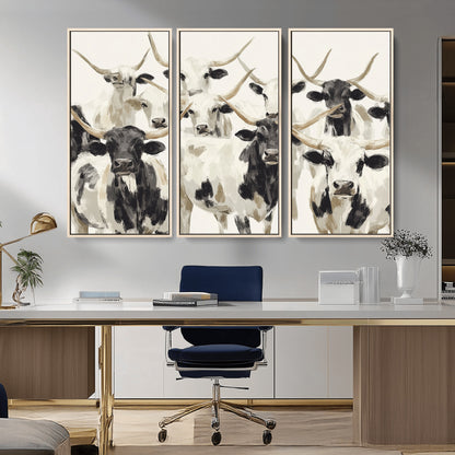 52947970-MGV-CV-36X24-Texas Longhorn Wall Art Canvas Print, Framed Cattle Herd Art Picture Print, Herd Portrait Perfect Modern Farmhouse Decor Artwork