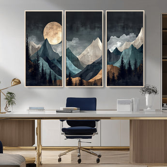 11060882-MGV-CV-36X24-Moonlit Mountains Wall Art Canvas Print, Framed Forest Silhouette Art Picture Print, Night Landscape Perfect Modern Forest Decor