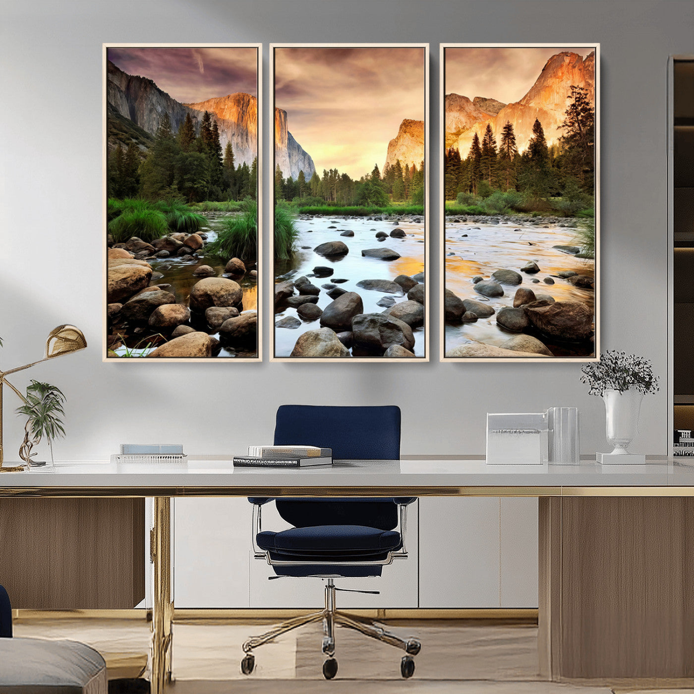 90956031-MGV-FC-48X32-3P_Natural-Yosemite Valley Wall Art – Scenic Mountain River Landscape Canvas Print, Nature Photography for Living Room, Bedroom, Cabin,