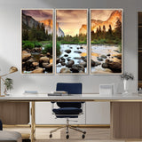 90956031-MGV-FC-48X32-3P_Natural-Yosemite Valley Wall Art – Scenic Mountain River Landscape Canvas Print, Nature Photography for Living Room, Bedroom, Cabin,
