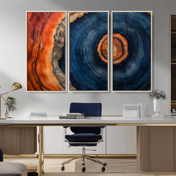 72209152-MGV-CV-36X24-Abstract Tree Ring Wall Art – Vibrant Blue Orange Wood Grain Canvas Print, Rustic Modern Nature Artwork for Living Room, Office,