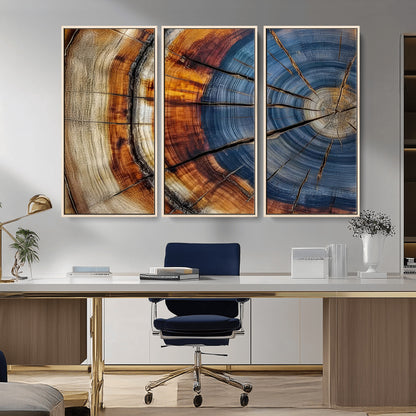 18032999-MGV-FC-48X32-3P_Natural-Tree Ring Wall Art – Blue Brown Abstract Wood Slice Canvas Print, Rustic Modern Nature Decor for Living Room, Office, Bedroom or