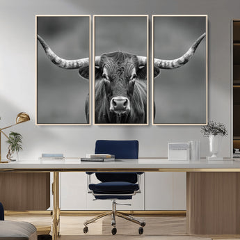 81228550-MGV-CV-36X24-Framed Texas Longhorn Bull Art Canvas Print, Western Bull Wall Art Print, Long Horn Bull Photo Print for Log Cabin, Large Bull