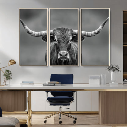 81228550-MGV-CV-36X24-Framed Texas Longhorn Bull Art Canvas Print, Western Bull Wall Art Print, Long Horn Bull Photo Print for Log Cabin, Large Bull