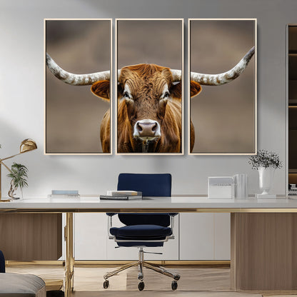 12179171-MGV-CV-36X24-Texas Longhorn Wall Art Canvas Print, Framed Brown Bull Art Picture Print, Lone Cattle Perfect Rustic Western Decor Artwork
