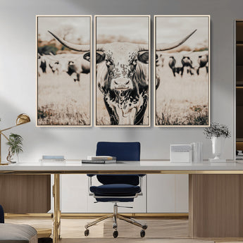 27497342-MGV-CV-36X24-Texas Longhorn Wall Art Canvas Print, Framed Speckled Cow Art Picture Print, Horned Cattle Perfect Rustic Western Decor Artwork