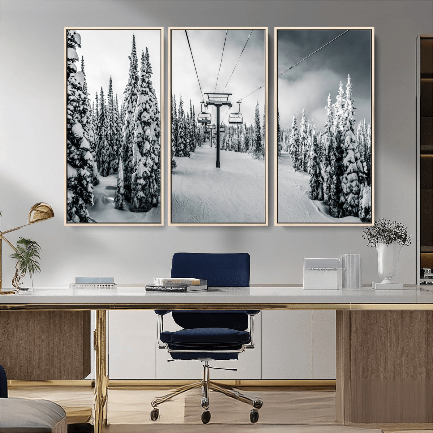 31156828-MGV-CV-36X24-Snowy Pines Wall Art Canvas Print, Framed Ski Lift Art Picture Print, Winter Forest Perfect Moody Lodge Decor Artwork