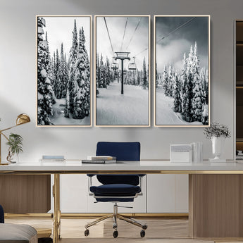 31156828-MGV-CV-36X24-Snowy Pines Wall Art Canvas Print, Framed Ski Lift Art Picture Print, Winter Forest Perfect Moody Lodge Decor Artwork