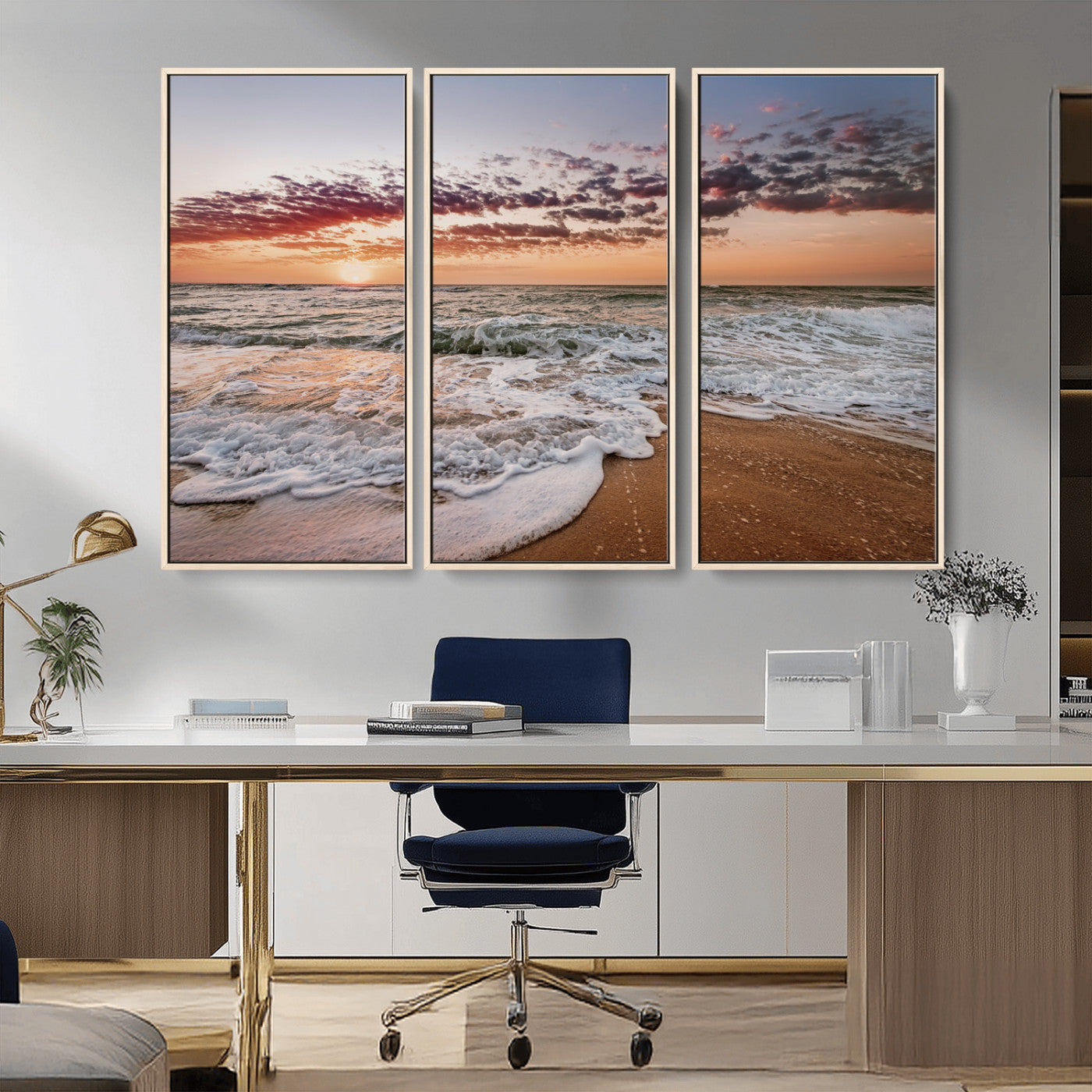 39846389-MGV-CV-36X24-Ocean Sunset Wall Art Canvas Print, Framed Sandy Shore Art Picture Print, Gentle Waves Perfect Minimalist Coastal Decor Artwork