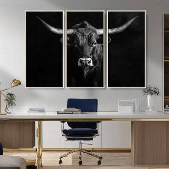 42077175-MGV-CV-36X24-Texas Longhorn Wall Art Canvas Print, Framed Monochrome Bull Art Picture Print, Horned Bull Perfect Rustic Western Decor Artwork