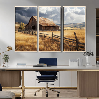 38758826-MGV-CV-36X24-Rustic Barn Wall Art Canvas Print, Framed Moody Barn Art Picture Print, Golden Field Perfect Rustic Farmhouse Decor Artwork