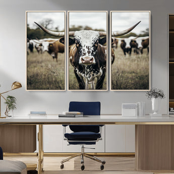 79025945-MGV-CV-36X24-Texas Longhorn Wall Art Canvas Print, Framed Speckled Cow Art Picture Print, Horned Cattle Perfect Rustic Western Decor Artwork