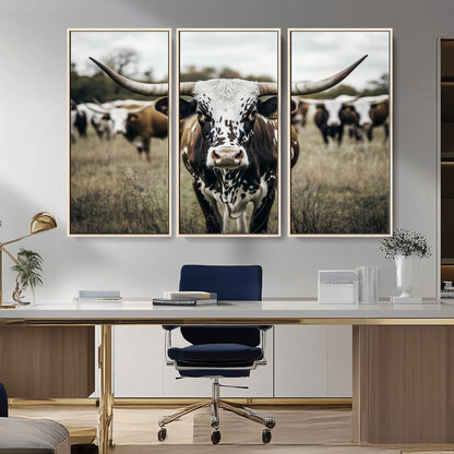 79025945-MGV-CV-36X24-Texas Longhorn Wall Art Canvas Print, Framed Speckled Cow Art Picture Print, Horned Cattle Perfect Rustic Western Decor Artwork