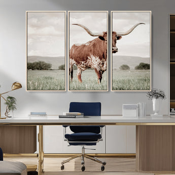 28309012-MGV-FC-48X32-3P_Natural-Texas Longhorn Wall Art Canvas Print, Framed Spotted Cattle Art Picture Print, Horned Bull Perfect Rustic Western Decor Artwork