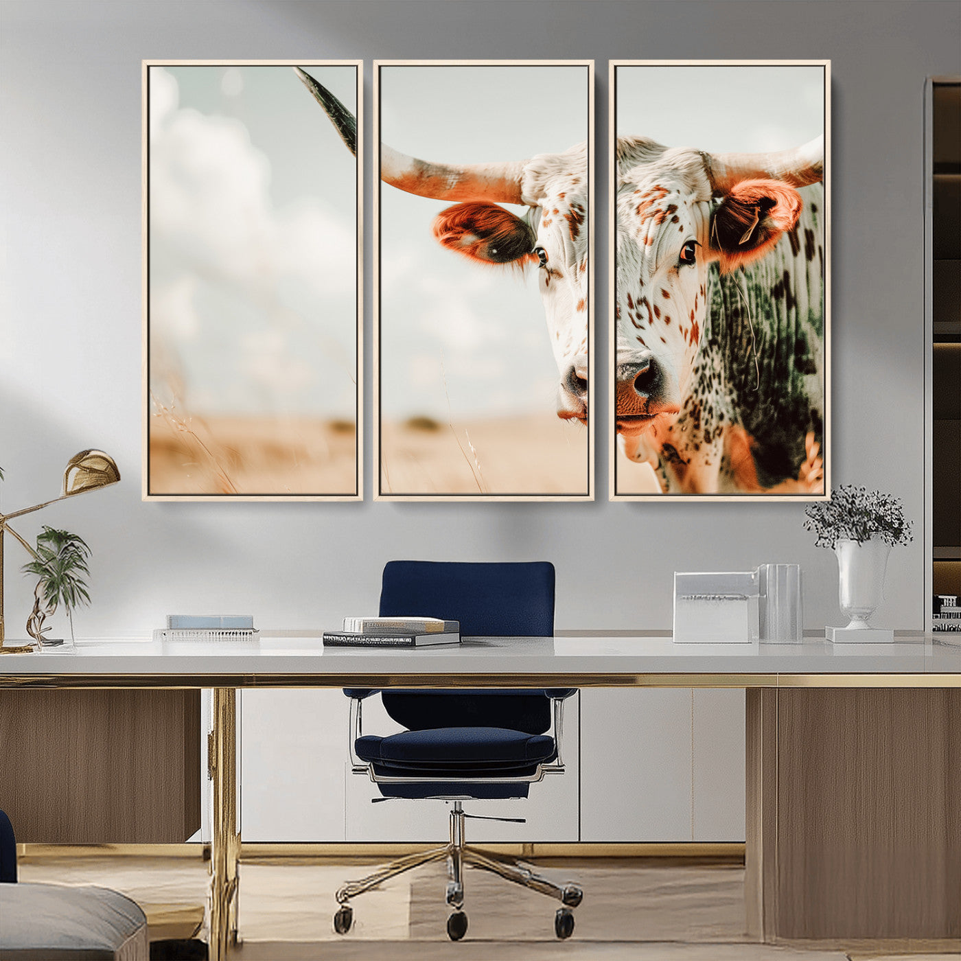 72766375-MGV-CV-36X24-Texas Longhorn Wall Art Canvas Print, Framed Spotted Cow Art Picture Print, Horned Cattle Perfect Rustic Western Decor Artwork