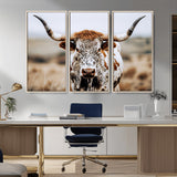 76294381-MGV-CV-36X24-Texas Longhorn Wall Art Canvas Print, Framed Spotted Cow Art Picture Print, Horned Cattle Perfect Rustic Western Decor Artwork