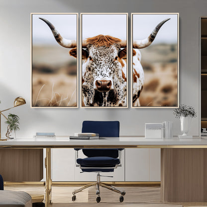 76294381-MGV-CV-36X24-Texas Longhorn Wall Art Canvas Print, Framed Spotted Cow Art Picture Print, Horned Cattle Perfect Rustic Western Decor Artwork