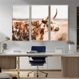 11528295-MGV-FC-48X32-3P_Natural-Speckled Longhorn Wall Art Canvas Print, Framed Texas Cattle Art Picture Print, Horned Cow Perfect Rustic Western Decor Artwork