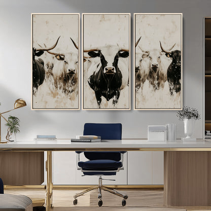 12027562-MGV-CV-36X24-Longhorn Cattle Wall Art Canvas Print, Framed Bison Herd Art Picture Print, Cattle Group Perfect Rustic Farmhouse Decor Artwork