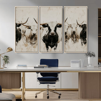 12027562-MGV-CV-36X24-Longhorn Cattle Wall Art Canvas Print, Framed Bison Herd Art Picture Print, Cattle Group Perfect Rustic Farmhouse Decor Artwork
