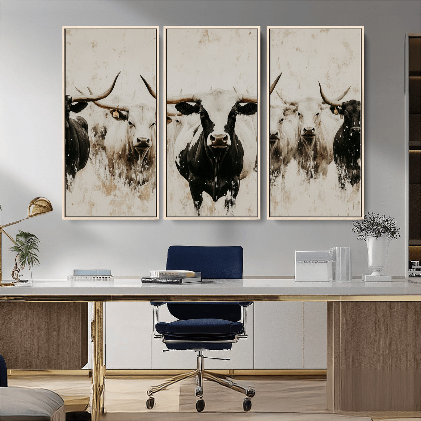 12027562-MGV-CV-36X24-Longhorn Cattle Wall Art Canvas Print, Framed Bison Herd Art Picture Print, Cattle Group Perfect Rustic Farmhouse Decor Artwork