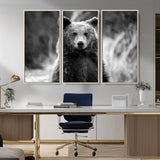 MGV-FC-48X32-3P - Grizzly Bear Wall Art Canvas Print, Framed Black White Bear Art Picture Print, Wild Bear Perfect Rustic Wildlife Decor Artwork