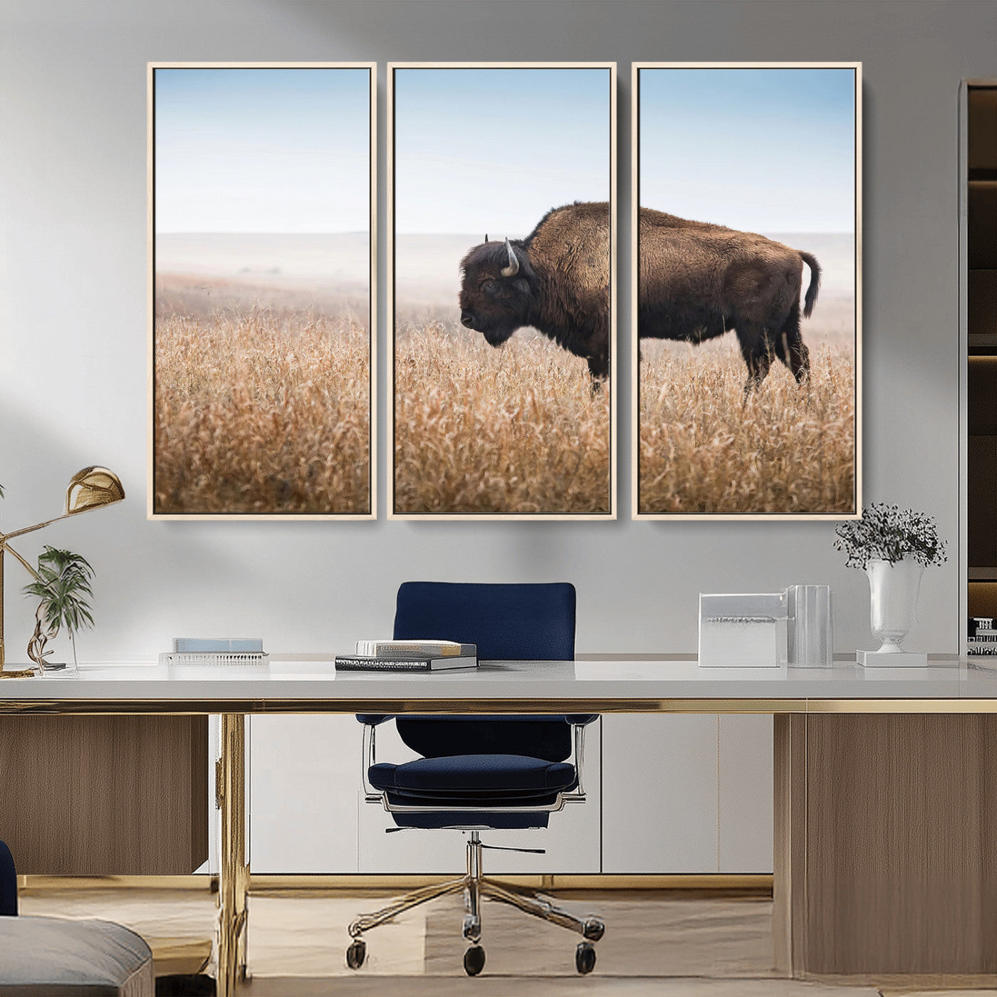 91267849-MGV-CV-36X24-Wild Bison Wall Art Canvas Print, Framed Bison in Prairie Art Picture Print, Rustic Western Perfect Rustic Western Decor Artwork