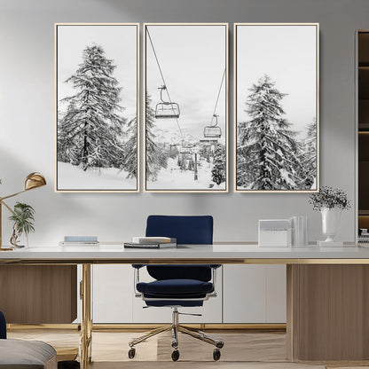 55003599-MGV-FC-48X32-3P_Natural-Snowy Ski Lift Wall Art Canvas Print, Framed Winter Forest Art Picture Print, Ski lift Ride Perfect Winter Lodge Decor Artwork