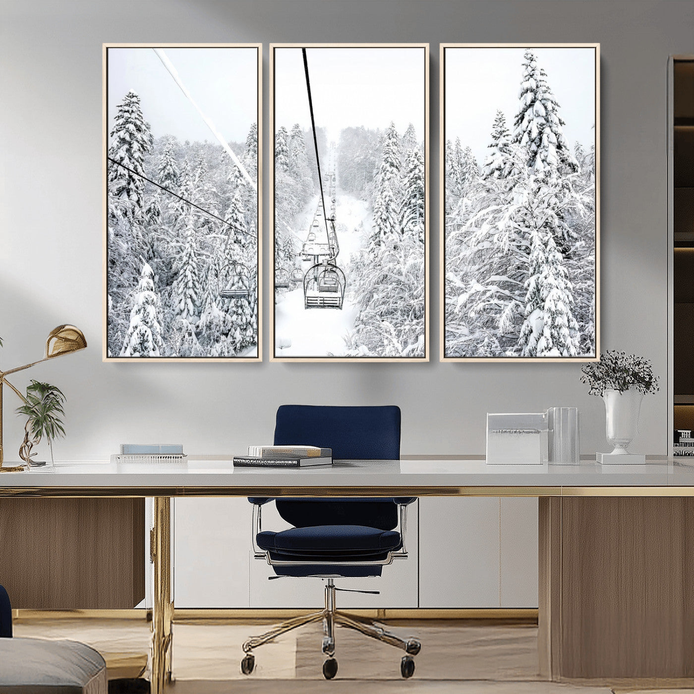 60296839-MGV-CV-36X24-Snowy Mountains Wall Art Canvas Print, Framed Ski Lift Art Picture Print, Winter Forest Perfect Winter Minimalist Decor Artwork