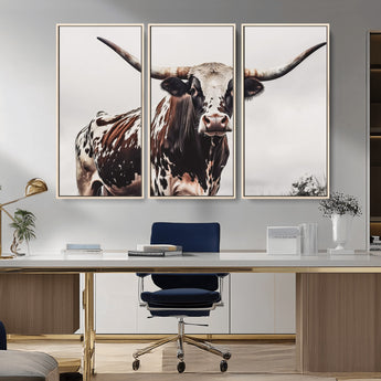 95249234-MGV-CV-36X24-Texas Longhorn Wall Art Canvas Print, Framed Spotted Bull Art Picture Print, Horned Cattle Perfect Rustic Farmhouse Decor Artwork