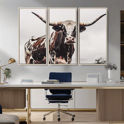 95249234-MGV-CV-36X24-Texas Longhorn Wall Art Canvas Print, Framed Spotted Bull Art Picture Print, Horned Cattle Perfect Rustic Farmhouse Decor Artwork