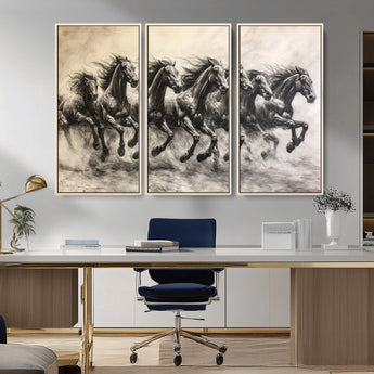 56089591-MGV-CV-36X24-Galloping Horses Wall Art Canvas Print, Framed Wild Stallions Art Picture Print, Horse Herd Sketch Perfect Monochrome Dynamic