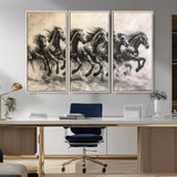 56089591-MGV-CV-36X24-Galloping Horses Wall Art Canvas Print, Framed Wild Stallions Art Picture Print, Horse Herd Sketch Perfect Monochrome Dynamic