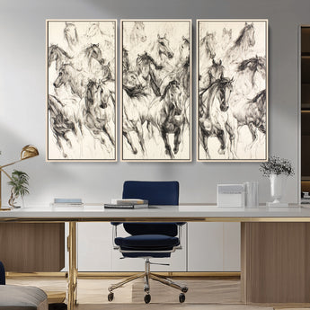 19433417-MGV-FC-48X32-3P_Natural-Running Horses Wall Art Canvas Print, Framed Horse Sketch Art Picture Print, Galloping Herd Perfect Monochrome Western Decor