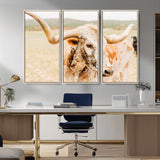 21060648-MGV-CV-36X24-Texas Longhorn Wall Art Canvas Print, Framed Speckled Cow Art Picture Print, Rustic Bull Perfect Rustic Western Decor Artwork