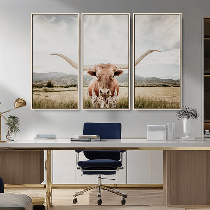 80054319-MGV-FC-48X32-3P_Natural-Longhorn Wall Art – Rustic Western Canvas Print, Majestic Bull Artwork for Farmhouse, Ranch or Living Room