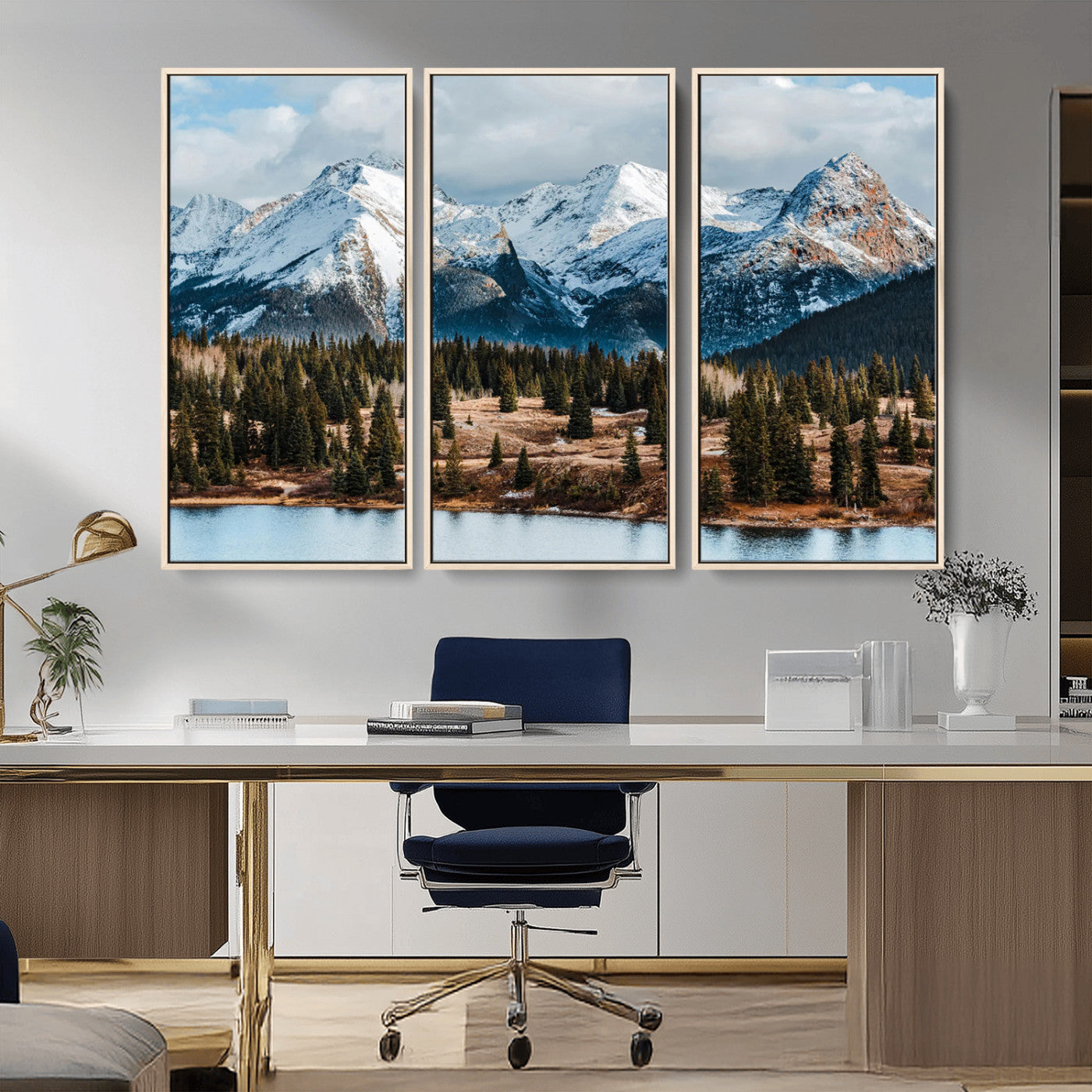 36247746-MGV-CV-36X24-Snowy Peaks Wall Art Canvas Print, Framed Alpine Lake Art Picture Print, Pine Forest Perfect Alpine Wilderness Decor Artwork