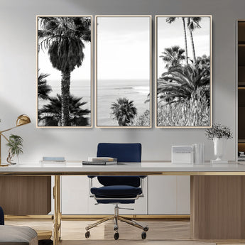 89458520-MGV-CV-36X24-Palm Trees Wall Art Canvas Print, Framed Coastal View Art Picture Print, Ocean Horizon Perfect Monochrome Coast Decor Artwork