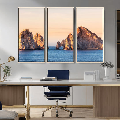72996116-MGV-CV-36X24-El Arco Wall Art Canvas Print, Framed Cabo Rocks Art Picture Print, Ocean Arch Perfect Golden Coastal Landmark Decor Artwork