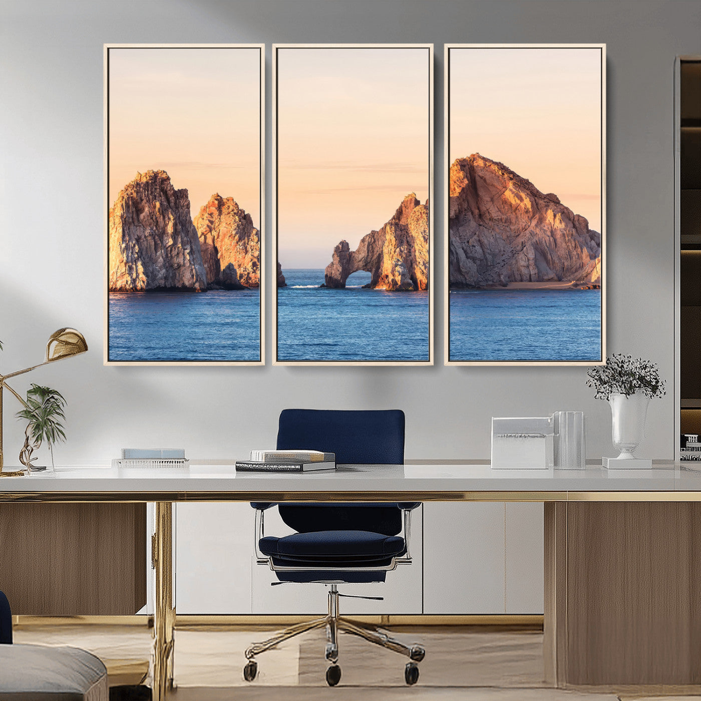 72996116-MGV-CV-36X24-El Arco Wall Art Canvas Print, Framed Cabo Rocks Art Picture Print, Ocean Arch Perfect Golden Coastal Landmark Decor Artwork
