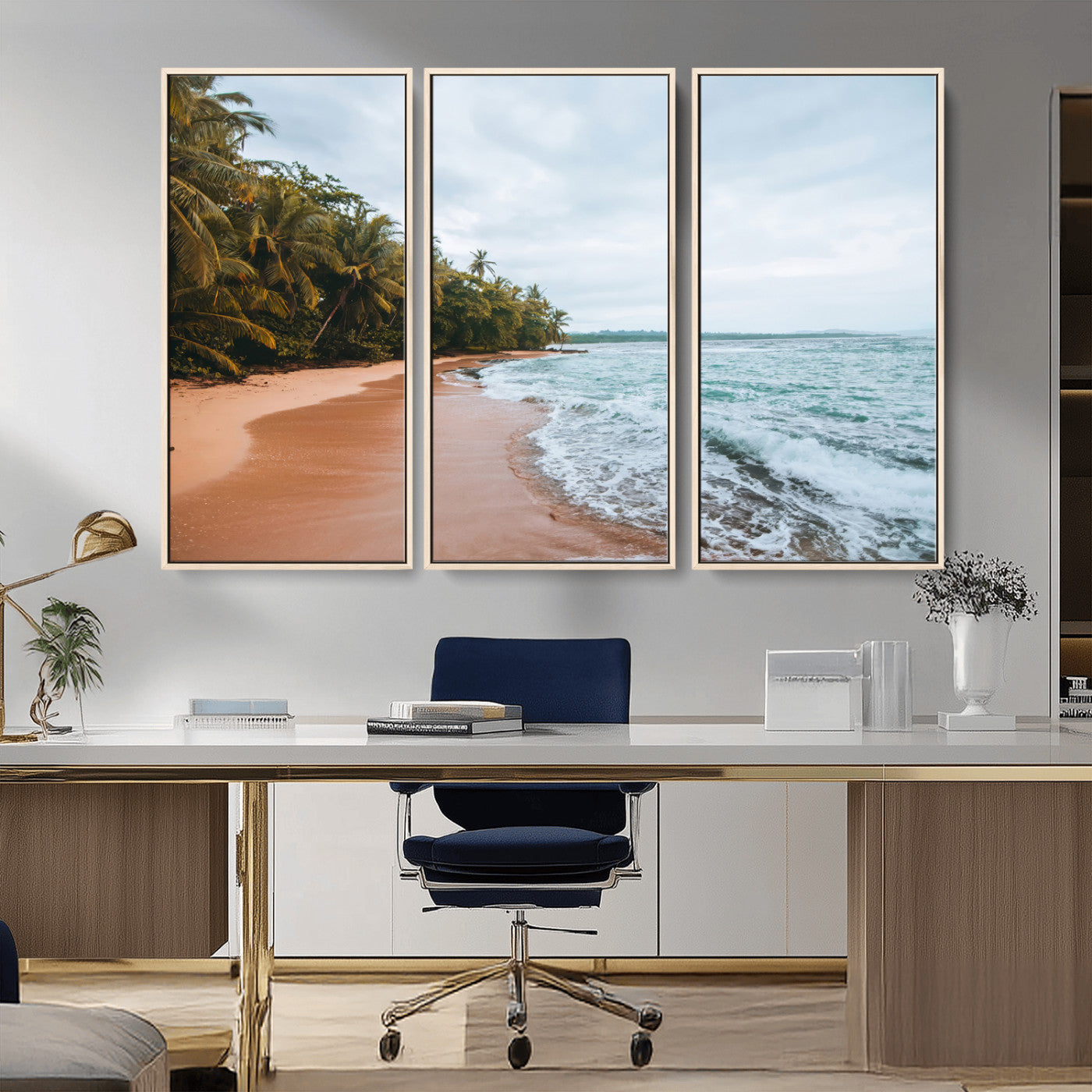 88125882-MGV-FC-48X32-3P_Natural-Tropical Shoreline Wall Art Canvas Print, Framed Palm Trees Art Picture Print, Tropical Ocean Perfect Tropical Coastal Decor