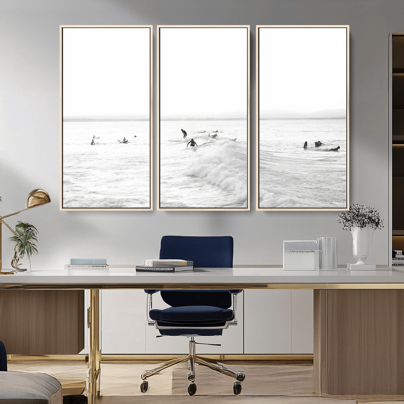 33449548-MGV-CV-36X24-Group Surfers Wall Art Canvas Print, Framed Ocean Wave Art Picture Print, Surf Crowd Perfect Monochrome Surf Decor Artwork