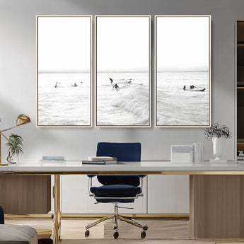 33449548-MGV-CV-36X24-Group Surfers Wall Art Canvas Print, Framed Ocean Wave Art Picture Print, Surf Crowd Perfect Monochrome Surf Decor Artwork