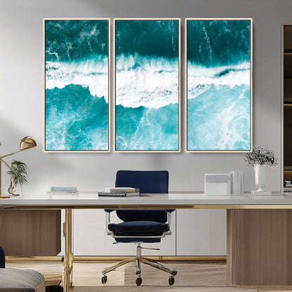 23828594-MGV-CV-36X24-Aerial Waves Wall Art Canvas Print, Framed Ocean Break Art Picture Print, Sea Foam Perfect Tropical Coastal Decor Artwork