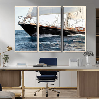 97168626-MGV-CV-36X24-Sailing Yacht Wall Art Canvas Print, Framed Wooden Yacht Art Picture Print, Ocean Waves Perfect Nautical Coastal Decor Artwork