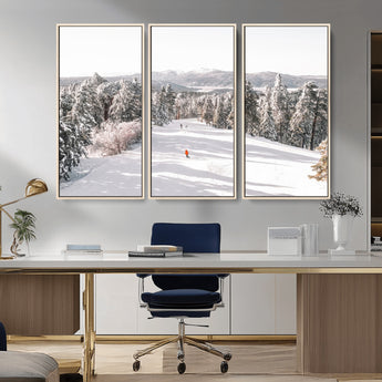 62119206-MGV-CV-36X24-Snowy Trail Wall Art Canvas Print, Framed Ski Slope Art Picture Print, Winter Pines Perfect Alpine Adventure Decor Artwork