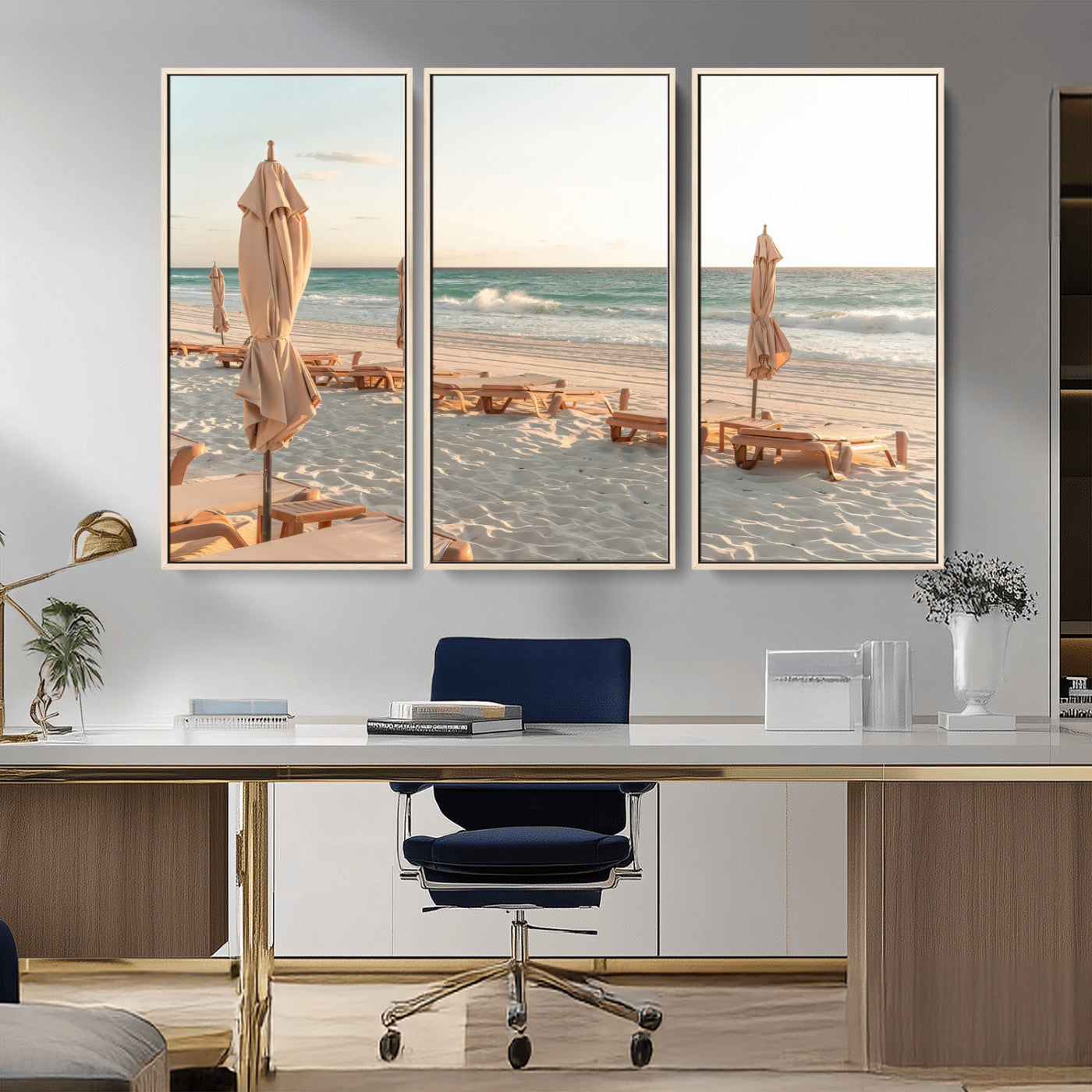 58507949-MGV-CV-36X24-Beach Umbrellas Wall Art Canvas Print, Framed Empty Loungers Art Picture Print, Soft Sand Perfect Minimalist Seaside Decor Artwork