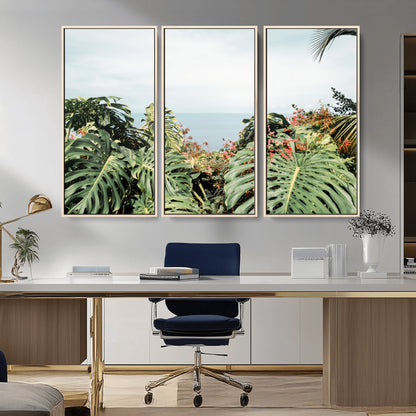 45700479-MGV-CV-36X24-Monstera Leaves Wall Art Canvas Print, Framed Tropical Ocean Art Picture Print, Tropical Foliage Perfect Tropical Coastal Jungle